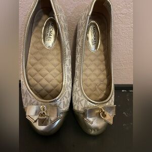 Girls Michael Kors Gold and Cream Flats with Bow Accent